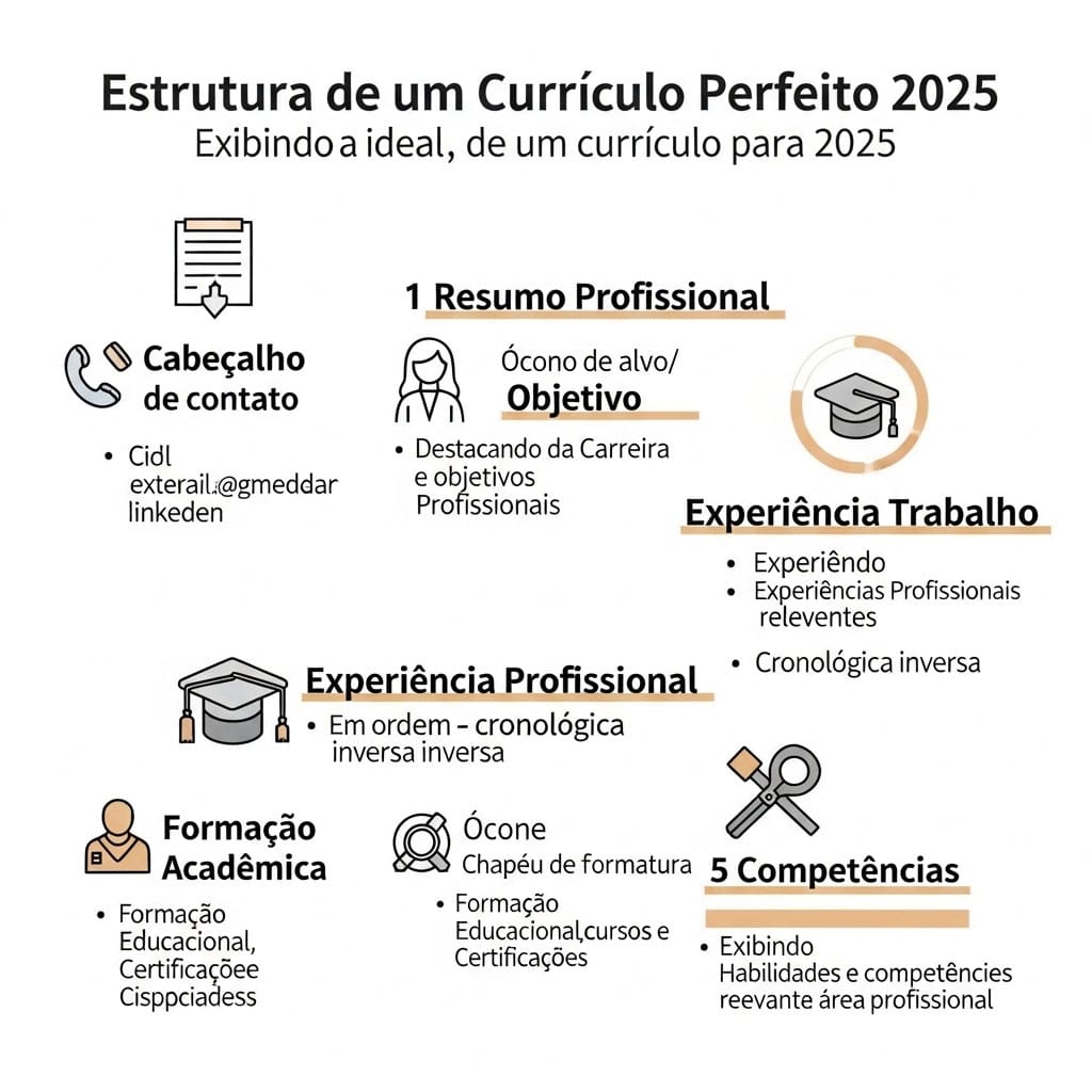 Infográfico mostrando a estrutura ideal de um currículo em 2025, com secções para cabeçalho, resumo, experiência e formação