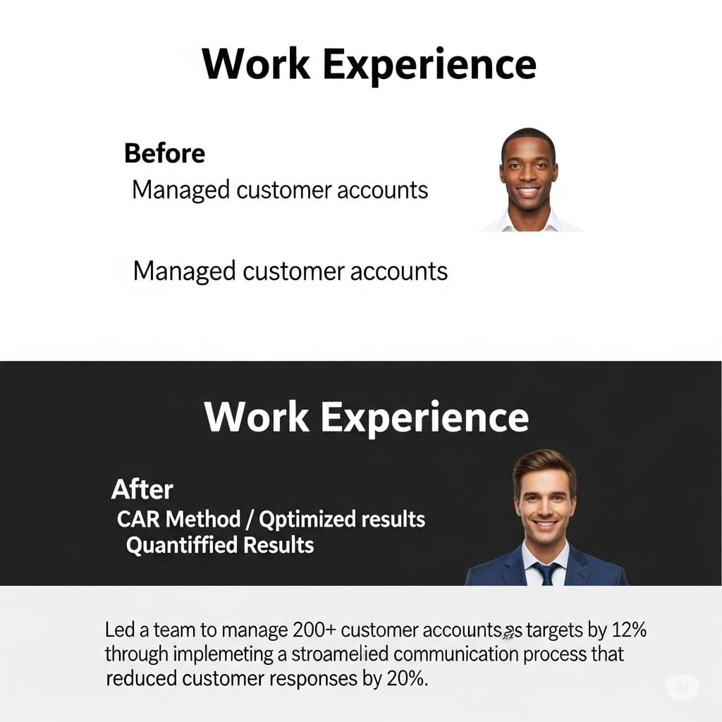 Exemplo comparativo de uma descrição de experiência num CV, mostrando uma versão fraca e uma versão forte otimizada com o método CAR e resultados quantificados.