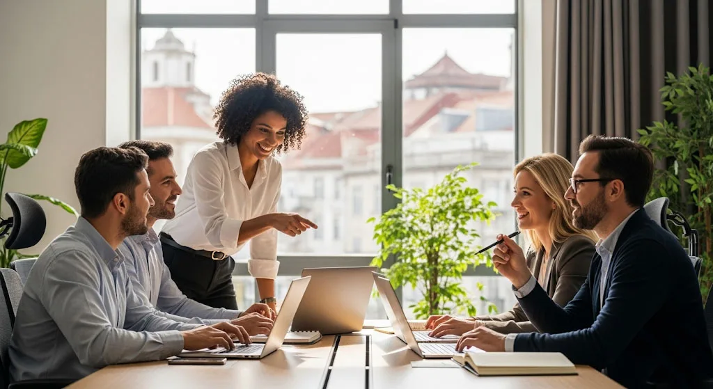 Profissionais a colaborar num ambiente de trabalho moderno em Portugal, representando o foco do Centro de Empregos no sucesso de carreiras.
