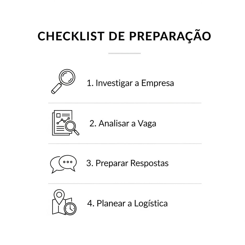 Checklist visual com os 4 passos de preparação para uma entrevista: Investigar a Empresa, Analisar a Vaga, Preparar Respostas e Planear a Logística.