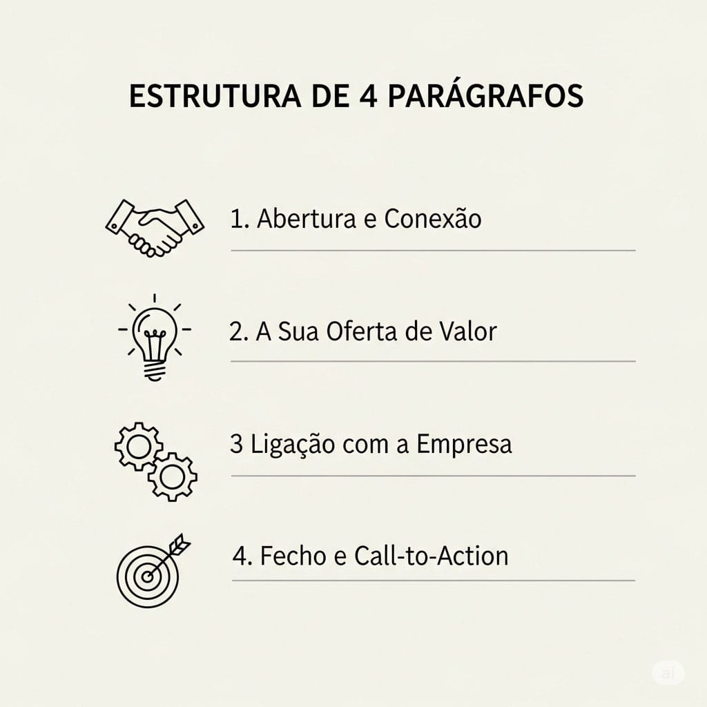 Infográfico que ilustra a estrutura de 4 parágrafos de uma carta de apresentação eficaz: Abertura, Oferta de Valor, Ligação e Fecho.