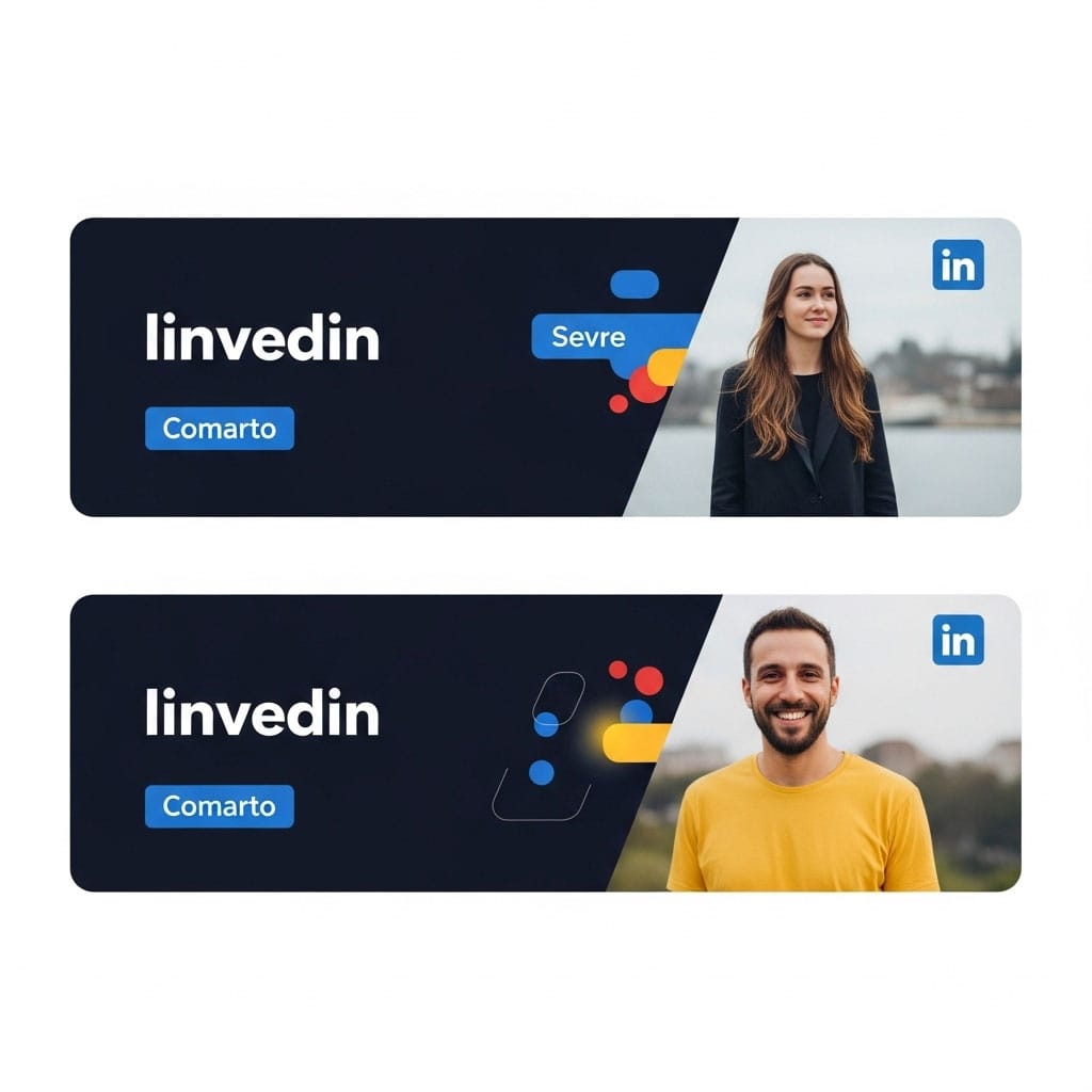 Dois exemplos de banners de perfil de LinkedIn, um para um profissional de marketing e outro para um gestor de projetos, mostrando como usar o espaço para branding pessoal.