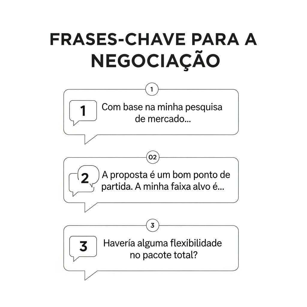 Infográfico em português com frases-chave para usar ao responder à pergunta sobre a expectativa salarial numa entrevista de emprego.