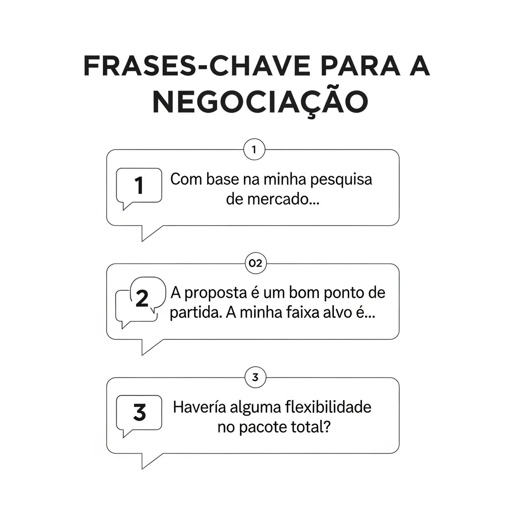 Infográfico em português com frases-chave para usar ao responder à pergunta sobre a expectativa salarial numa entrevista de emprego.