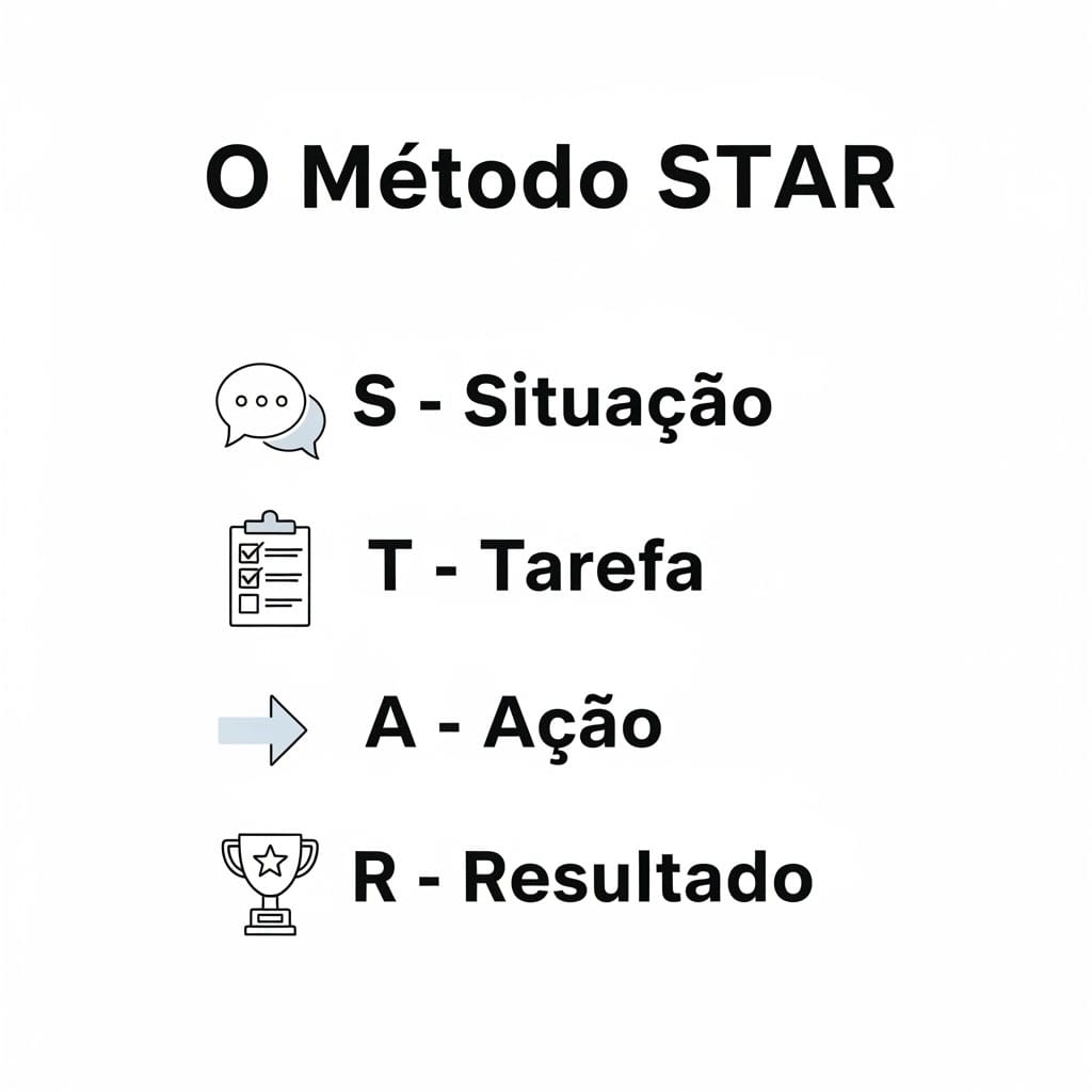 Infográfico em português explicando o Método STAR para responder a perguntas de entrevista, com os quatro passos: Situação, Tarefa, Ação e Resultado.