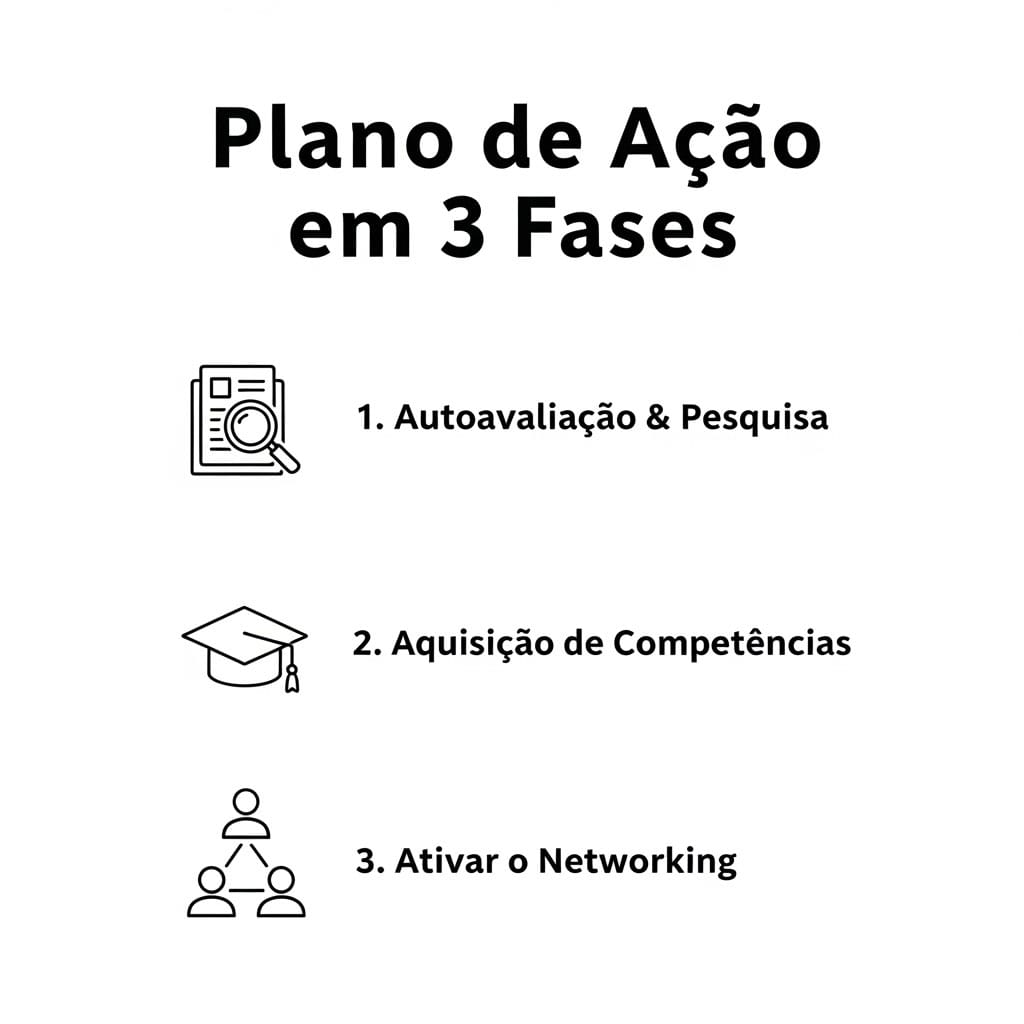 Infográfico em português mostrando o plano de 3 fases para uma mudança de carreira: Autoavaliação, Aquisição de Competências e Networking.