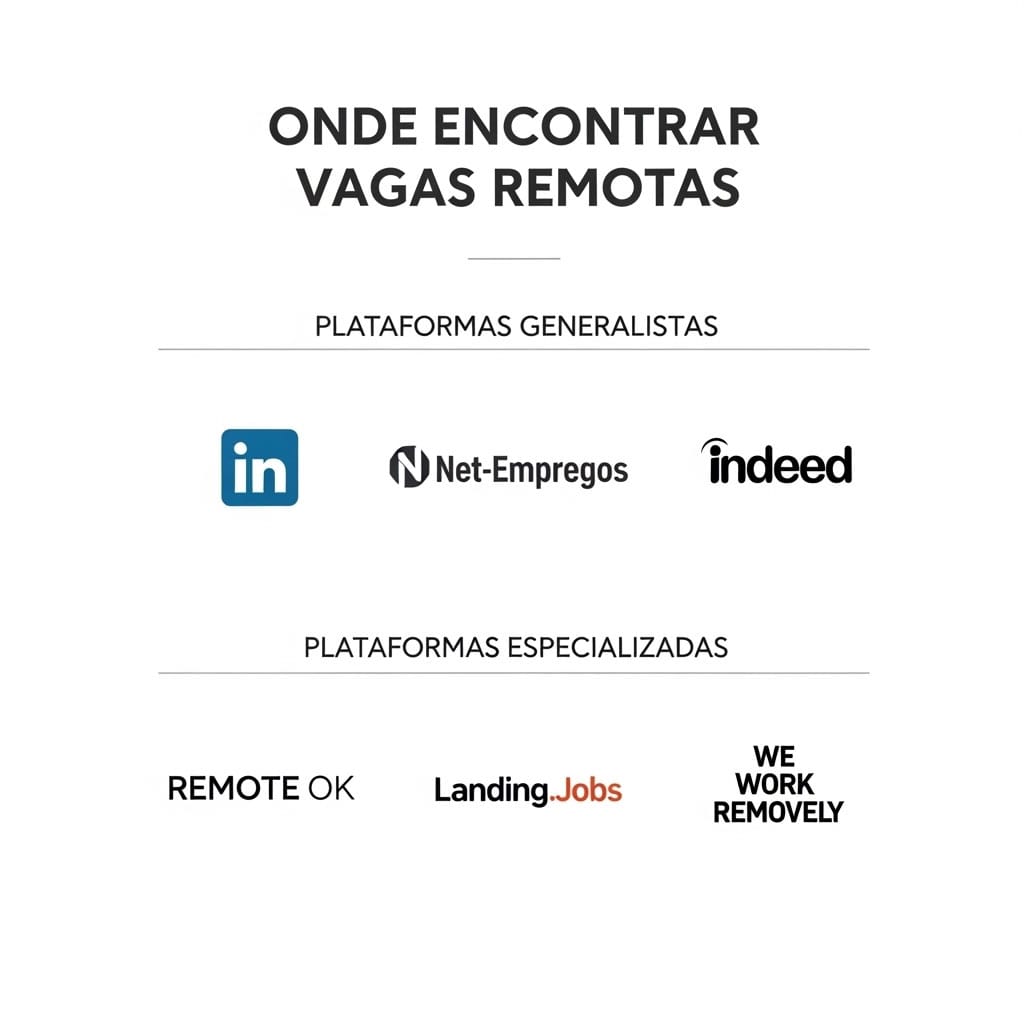 Infográfico listando as melhores plataformas para encontrar vagas de trabalho remoto em Portugal, incluindo LinkedIn, Net-Empregos e Remote OK