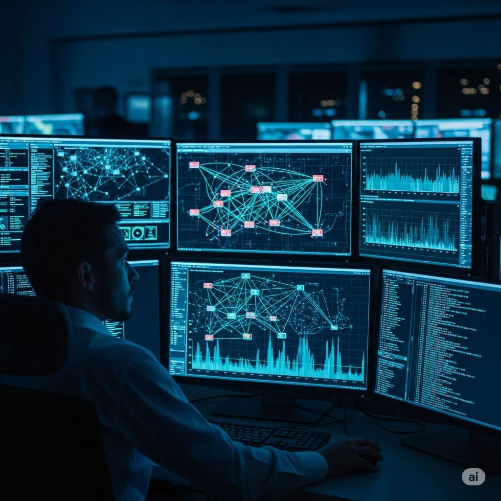 Analista de cibersegurança a monitorizar ecrãs com dados e mapas de rede num Security Operations Center (SOC).