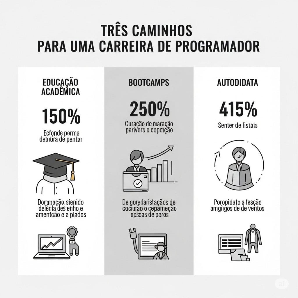 Infográfico em português mostrando os três caminhos para a carreira de programador: Formação Académica, Bootcamps e Autodidata.