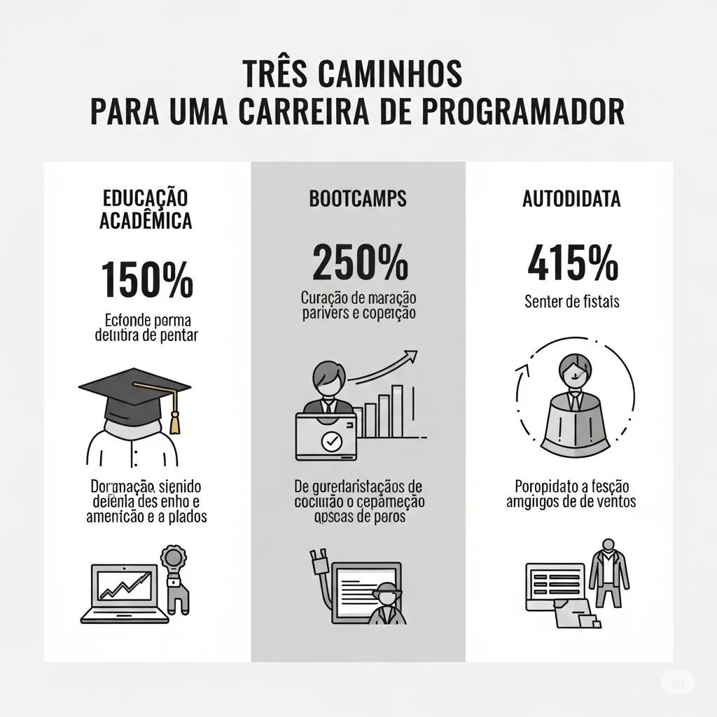 Infográfico em português mostrando os três caminhos para a carreira de programador: Formação Académica, Bootcamps e Autodidata.