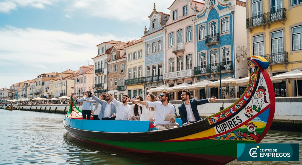 Jovens profissionais otimistas em moliceiro nos canais vibrantes de Aveiro, simbolizando novas oportunidades de carreira na cidade. centrosdeempregos.pt