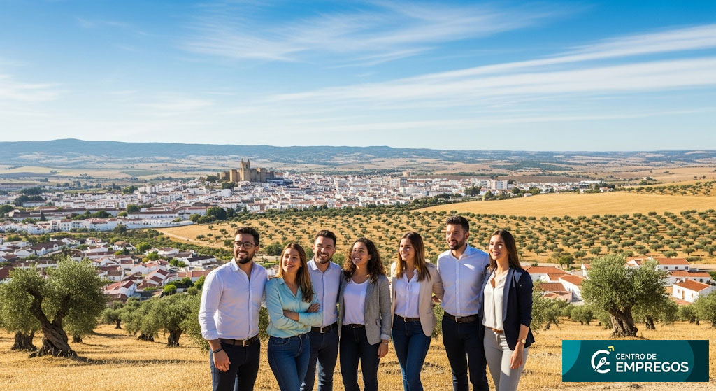 Grupo de jovens profissionais em paisagem rural ensolarada de Beja, com a cidade ao fundo, representando perspetivas de emprego e desenvolvimento na região. centrosdeempregos.pt