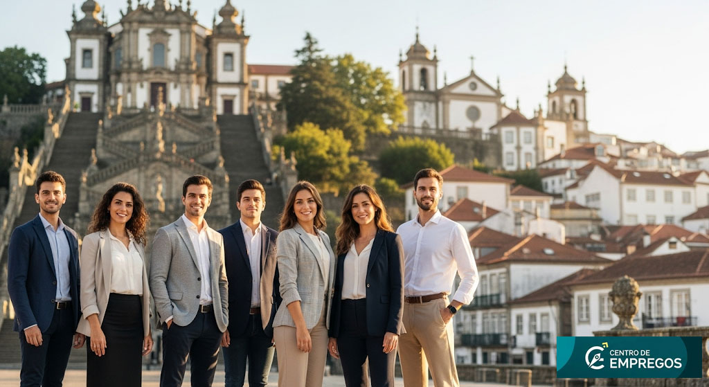 Grupo de jovens profissionais otimistas em Bragança, com o castelo e as muralhas ao fundo, representando novas oportunidades de carreira e desenvolvimento na região. centrosdeempregos.pt