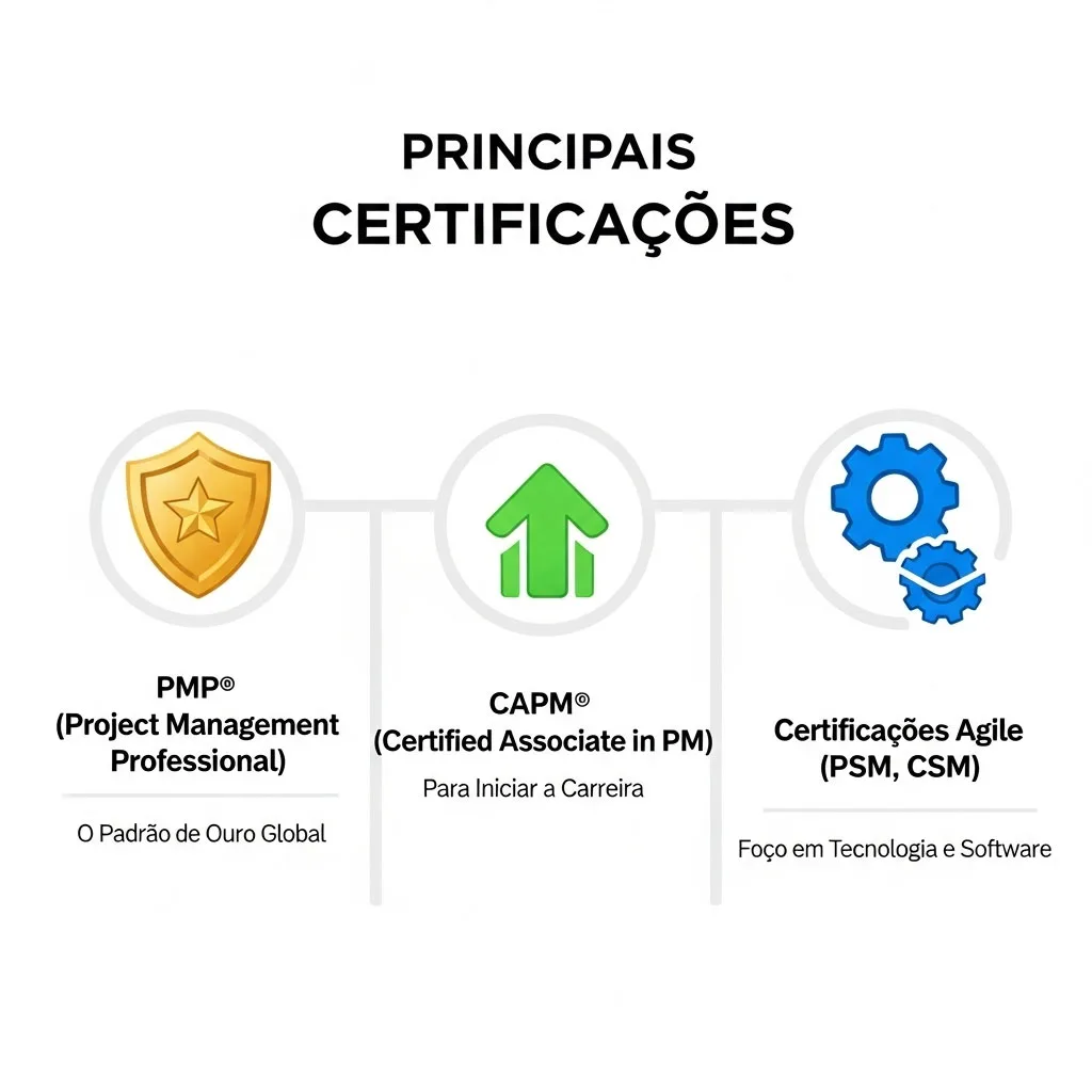 Infográfico em português listando as principais certificações de Gestão de Projetos, como PMP, CAPM e Agile/Scrum.