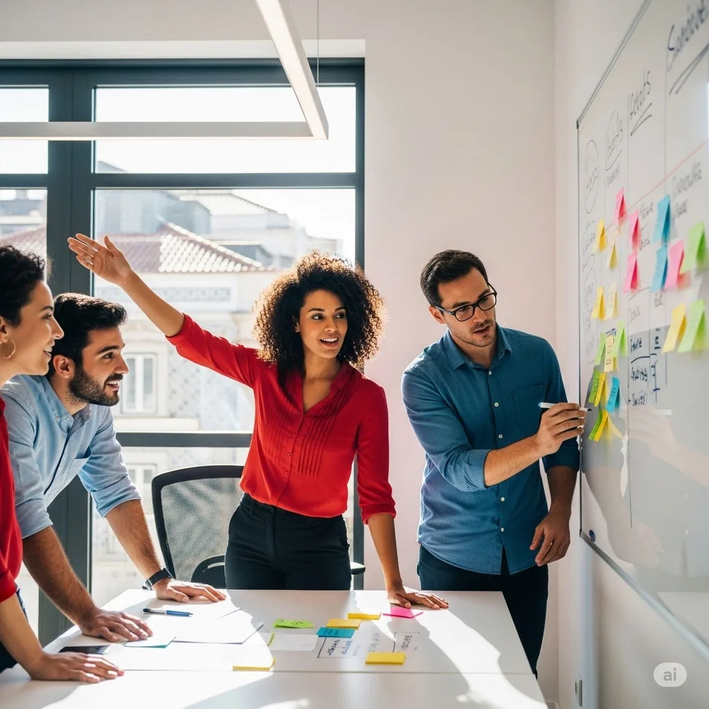 Equipa de trabalho diversificada a colaborar num quadro branco, demonstrando soft skills como comunicação e resolução de problemas.