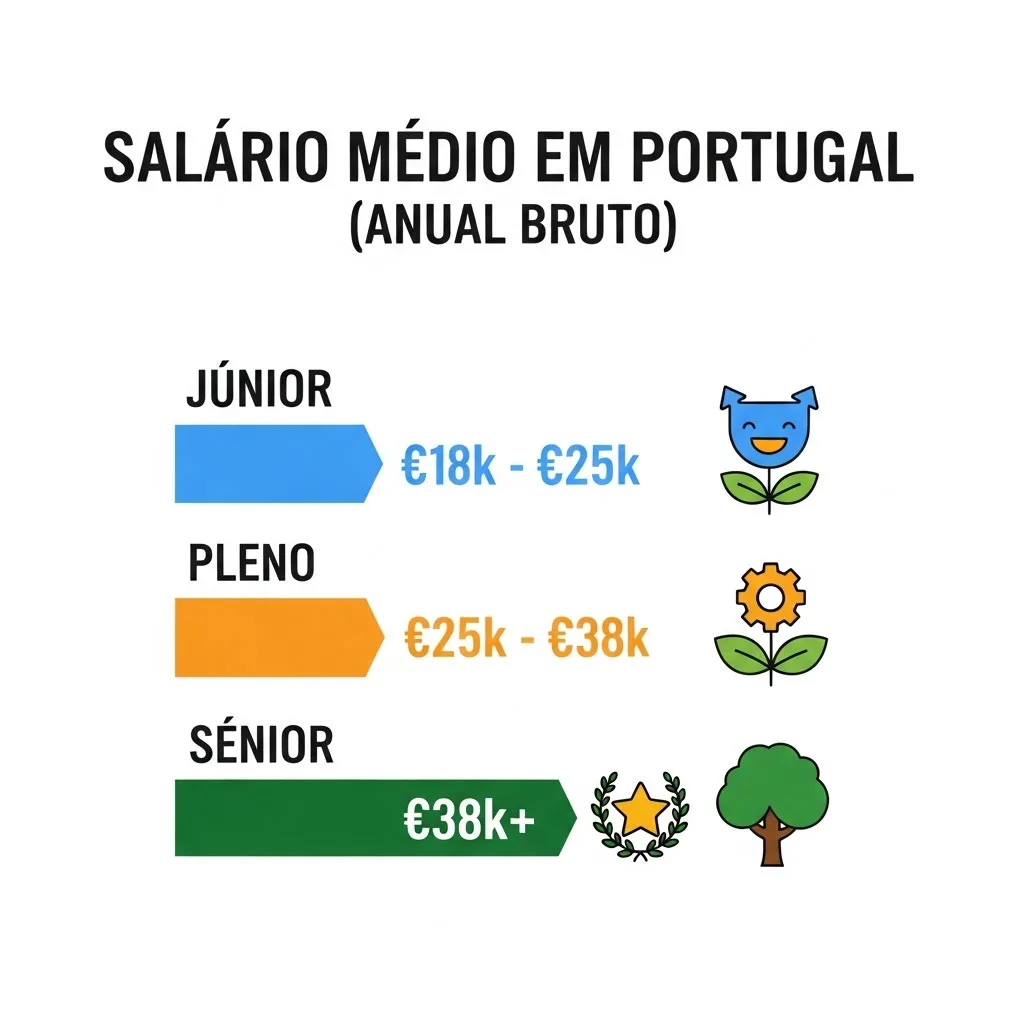 Infográfico em português mostrando a faixa salarial média para um Gestor de Marketing Digital em Portugal, para os níveis júnior, pleno e sénior.