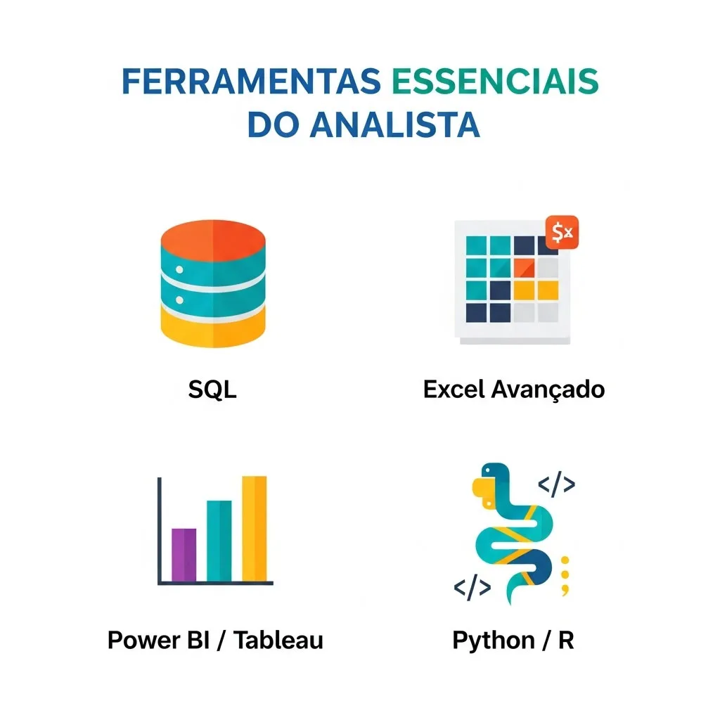 Infográfico em português mostrando as ferramentas essenciais para um Analista de Dados: SQL, Excel, Power BI e Python.