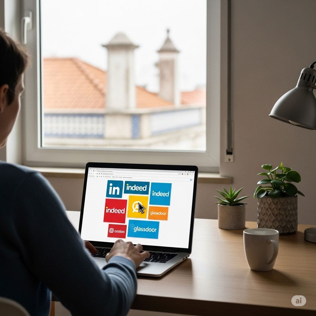 Pessoa a usar um portátil para procurar emprego nos melhores portais de emprego em Portugal.