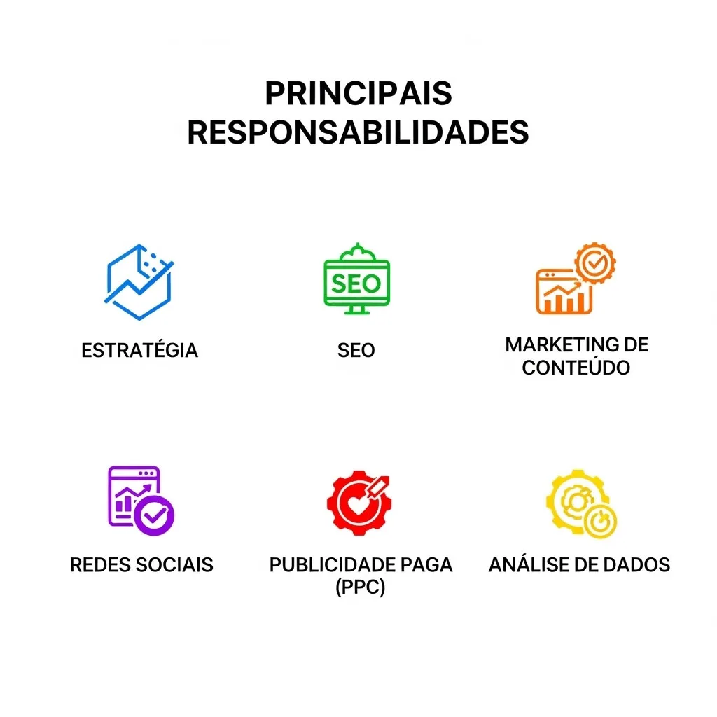 Infográfico em português listando as principais responsabilidades de um Gestor de Marketing Digital, como SEO, Conteúdo e Análise de Dados.