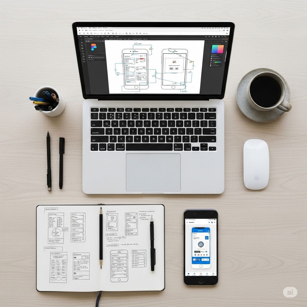 Vista de cima da secretária de um UX/UI designer, com wireframes no portátil, esboços num caderno e um protótipo no smartphone.