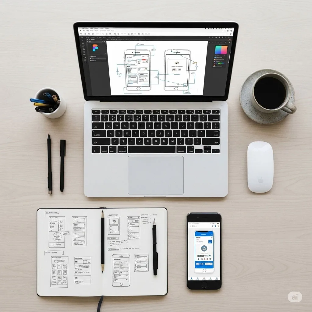 Vista de cima da secretária de um UX/UI designer, com wireframes no portátil, esboços num caderno e um protótipo no smartphone.