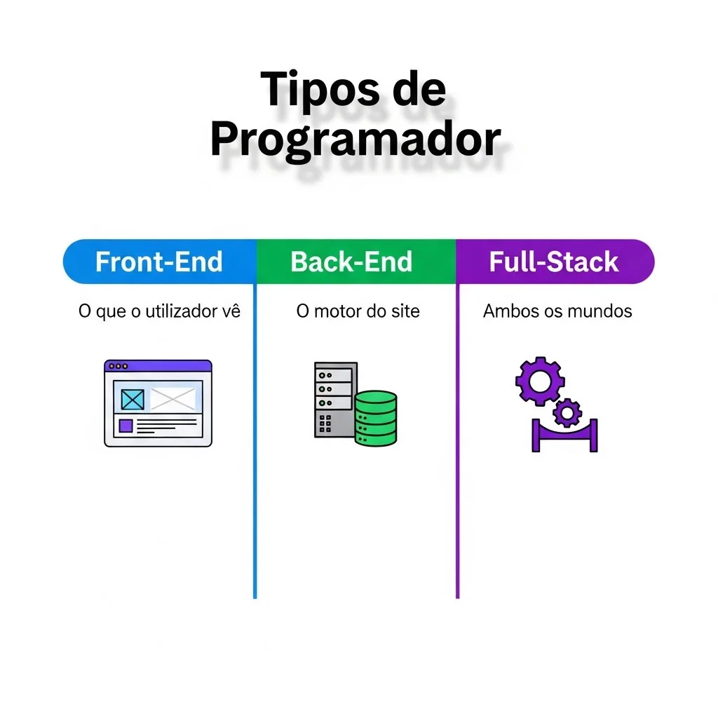 Infográfico em português a comparar as responsabilidades de um programador Front-End, Back-End e Full-Stack.