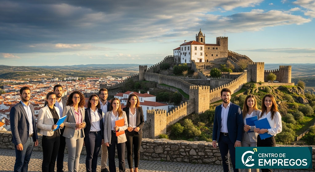 Vista do centro histórico e do castelo de Bragança, representando as oportunidades de emprego na região transmontana.