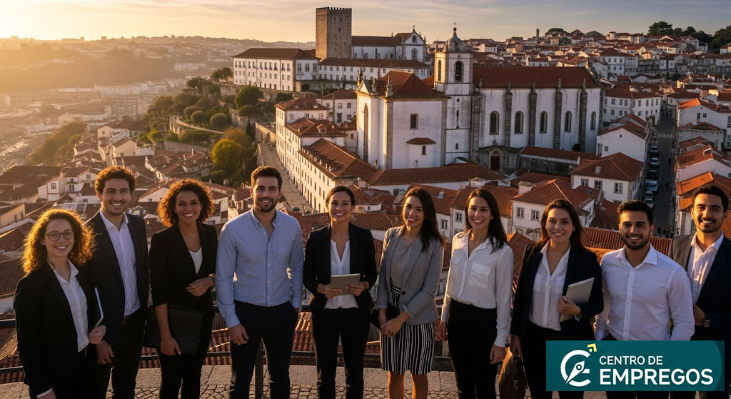 Vista da Universidade de Coimbra e do rio Mondego, a simbolizar a ligação entre a educação e as oportunidades de carreira no distrito.