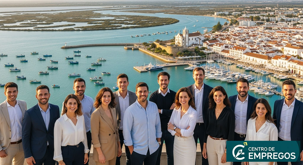 Vista da costa Algarvia com as suas praias e falésias, a ilustrar o potencial de carreira e emprego no distrito de Faro.