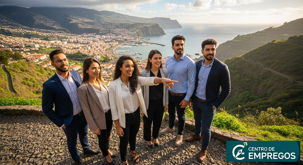 Vista sobre a baía e a cidade do Funchal, Madeira, a ilustrar o vibrante mercado de trabalho e as oportunidades de carreira na Região Autónoma.