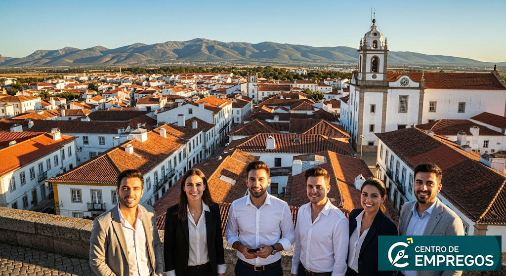 Paisagem do planalto alentejano com a cidade de Marvão ao fundo, a ilustrar as oportunidades de carreira no distrito de Portalegre.