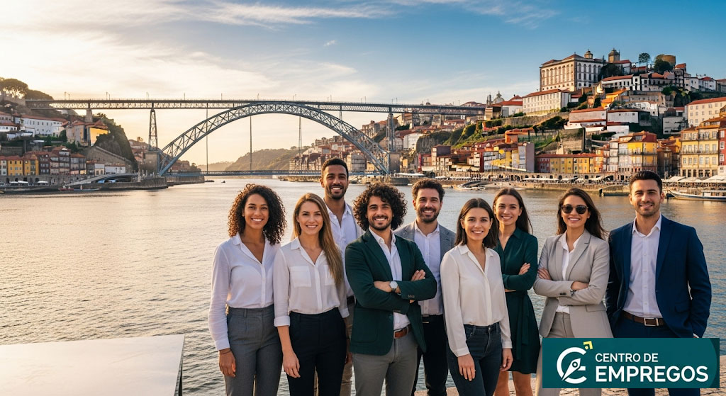 Vista da Ponte D. Luís I e da Ribeira do Porto, a simbolizar a dinâmica de carreira e as oportunidades de emprego no distrito do Porto.