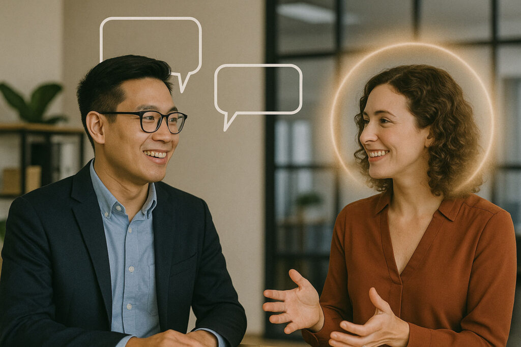 Duas pessoas em ambiente de escritório a comunicar eficazmente, com balões de diálogo a simbolizar a compreensão mútua e uma aura de inteligência emocional no local de trabalho.