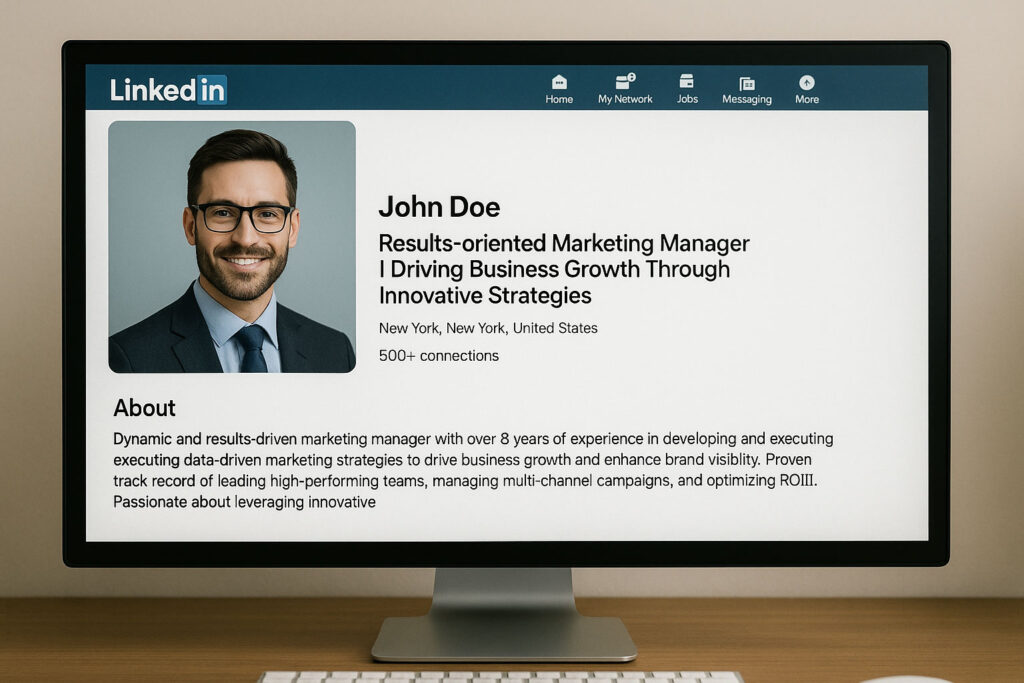 Ecrã de computador a exibir um perfil de LinkedIn otimizado com foto profissional, título impactante e secção "Sobre" bem preenchida, a inspirar sucesso profissional.